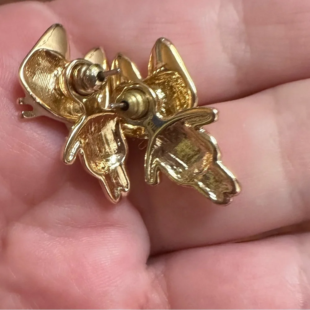 Betsey Johnson Gold-Tone White Enamel Pink Rhinestones Mixed Metal Cat Earrings - Picture 4 of 6